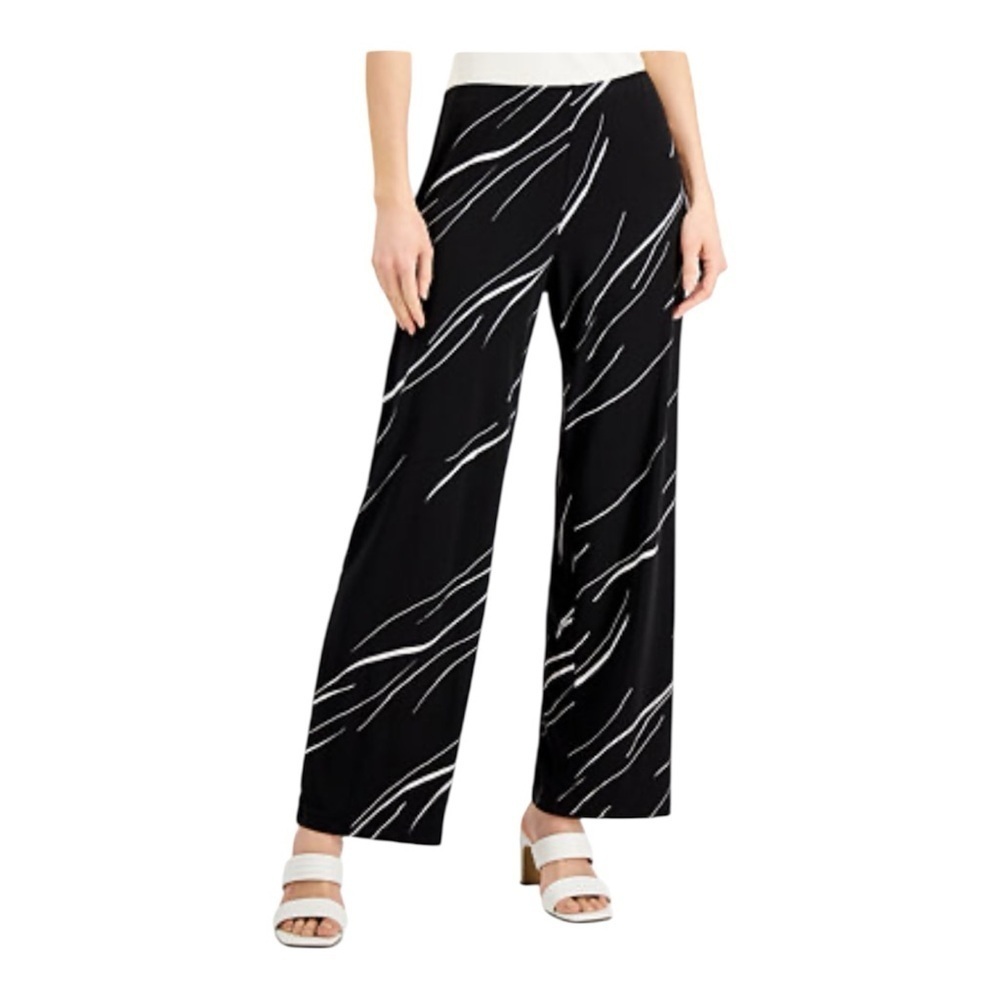 Alfani Wide Leg Pull-on Pants Black White Abstract Lines Print Sz XS